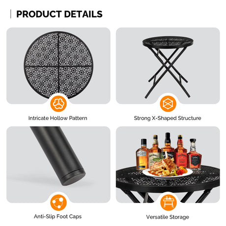 VINGLI Outdoor Folding Side Table with Chic Hollow Pattern and Durable, Rust-Resistant Black-Coated Iron Patio Bistro Table Suitable for Indoor & Outdoor Porch, Deck, Balcony and Pool VINGLI