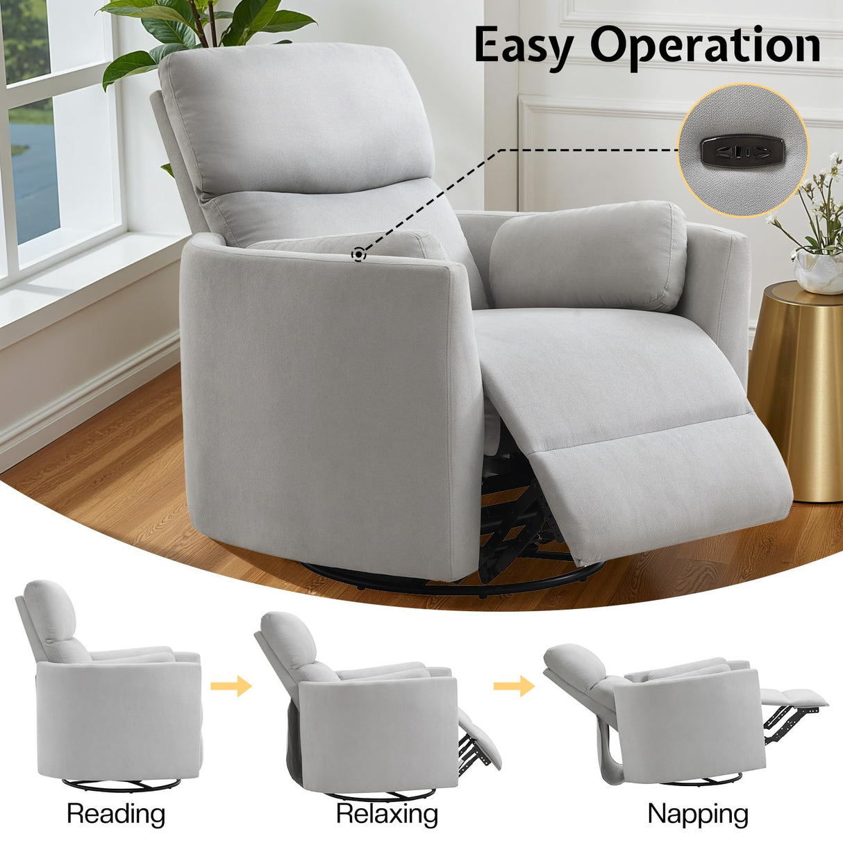 Jocisland Power Recliner Nursery Chair for Adults, Electric Swivel Rocking Glider with USB & Type-C, Soft Fabric Armchair with 2 Pillows, Cozy Reclining Sofa for Living Room, Bedroom, Light Grey Jocisland