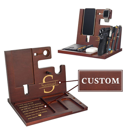 Police Officer Wood Docking Station, Nightstand Organizer for Men with Gun Holder, Pistol Rack, Phone Stand, iWatch Charging, Ring Holder, Pen Slot - Gifts for Police Officer, Husband, Boyfriend, Dad awofer