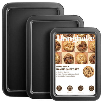 HONGBAKE Baking Sheet Pan Set, Cookie Sheet for Oven, Nonstick Bakeware Sets with Wider Grips, 3 Pack Half/Jelly Roll/Quarter Baking Tray, Premium, Dishwasher Safe - Dark Grey