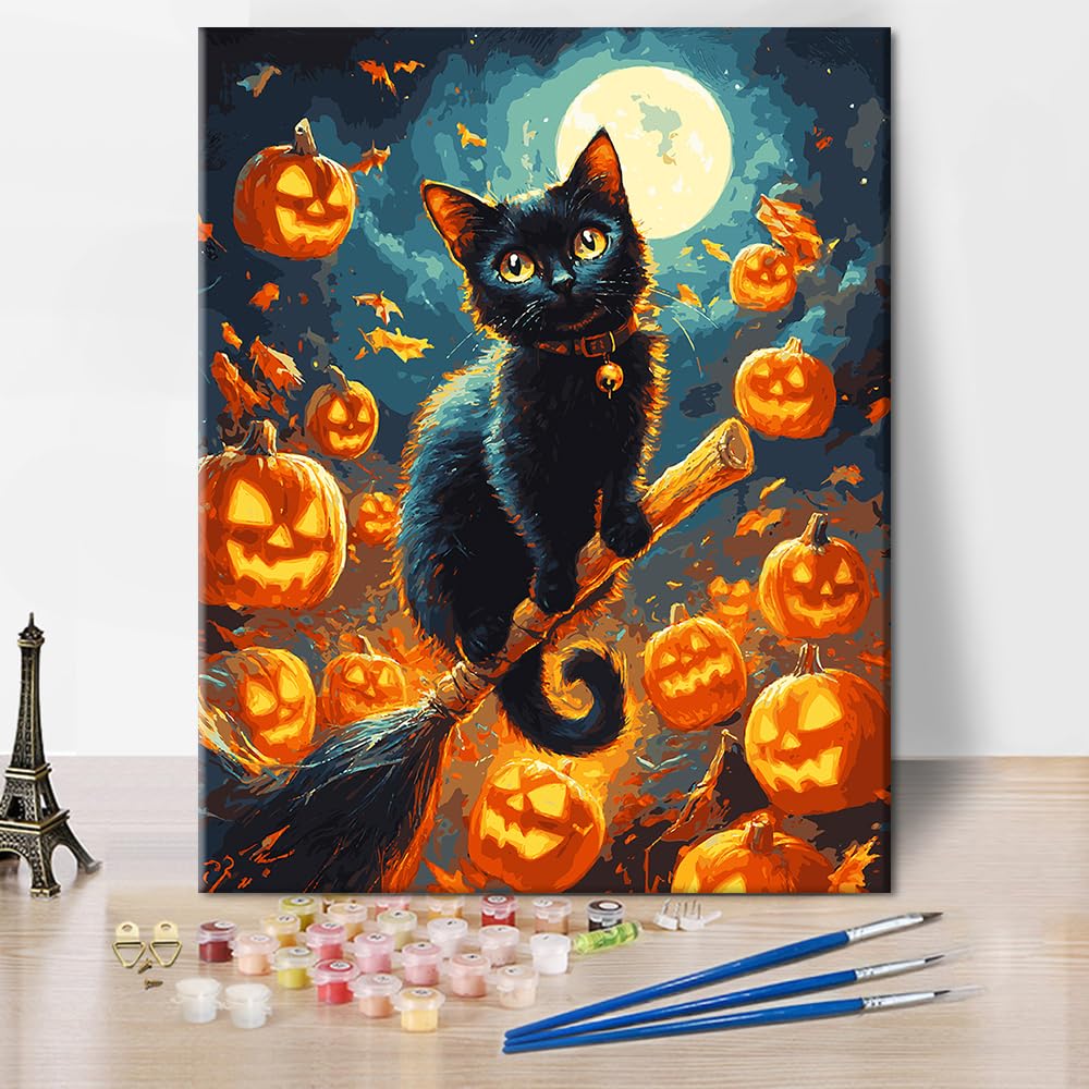 Rebotipy DIY Moon Paint by Numbers Kits Animals Cat Paint by Number on Canvas with Brushes Painting Artwork Kits Halloween Gifts Paint by Number for Adults Beginner Home Wall Decor 16x20 in Rebotipy