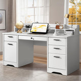 MaverickFurni White Desk with 6 Drawers, 58 Inch Executive Desk with 2 File Cabinet, White Wood Computer Desk with Storage, Study Desk for Bedroom, Home Office Desk with Drawers MaverickFurni