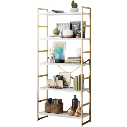 Shintenchi 5-Tier Industrial Gold Bookshelf – Modern Multi-Functional Bookcase for Home & Office - WoodArtSupply