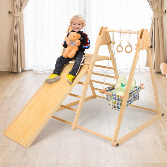 Ogelo Climber Indoor Playground Wood Playset 7-in-1 Montessori Jungle Gym, Ramp, Slide, Swing, Swedish Ladder, Monkey Bar, Rings, Rock Wall Dome Toddler Kid 1-6 Years New