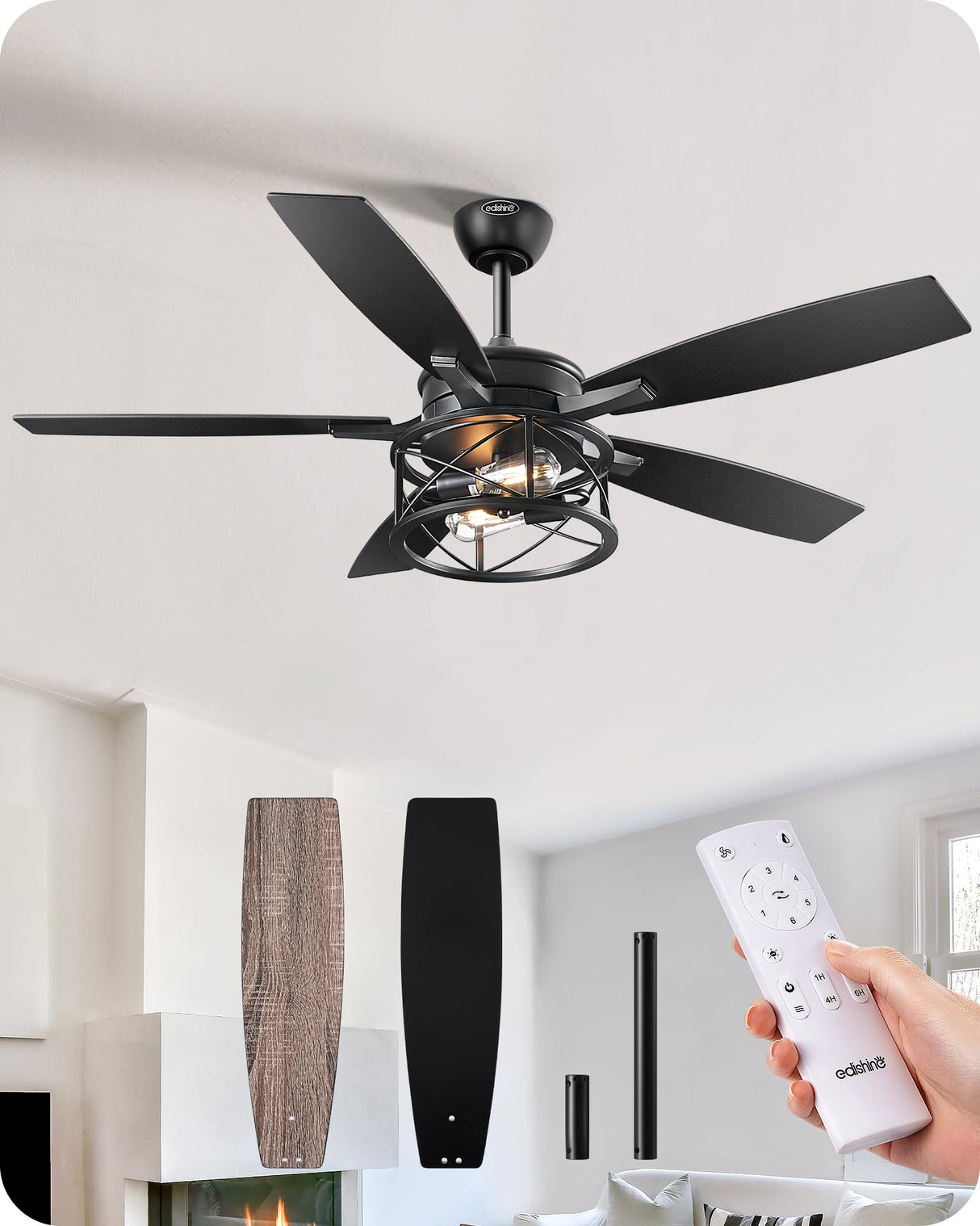 EDISHINE 52" Black Farmhouse Ceiling Fans With Lights, Remote Control, Reversible DC Motor, Dimmable, 5 Wooden Blades Rustic Indoor/Outdoor Ceiling Fan for Living Room Bedroom Porch EDISHINE