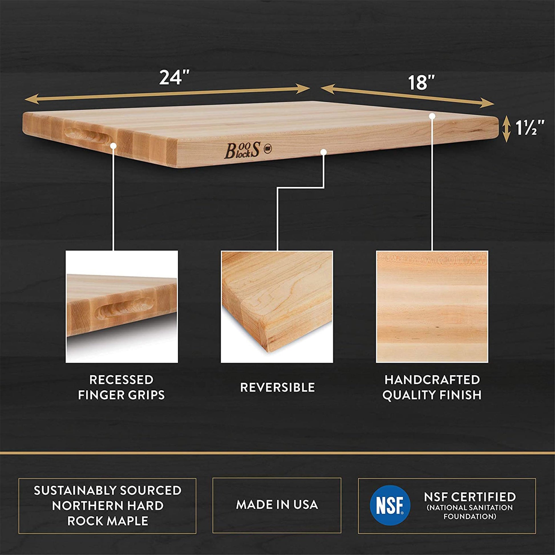 John Boos Large Maple Wood Cutting Board for Kitchen Prep, Rectangular Charcuterie, 24" x 18" x 1.5" 1.5 Inch Thick, Edge Grain, Reversible Boos - WoodArtSupply