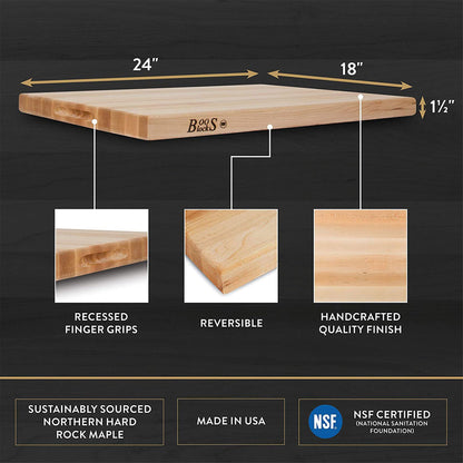 John Boos Large Maple Wood Cutting Board for Kitchen Prep, Rectangular Charcuterie, 24" x 18" x 1.5" 1.5 Inch Thick, Edge Grain, Reversible Boos - WoodArtSupply