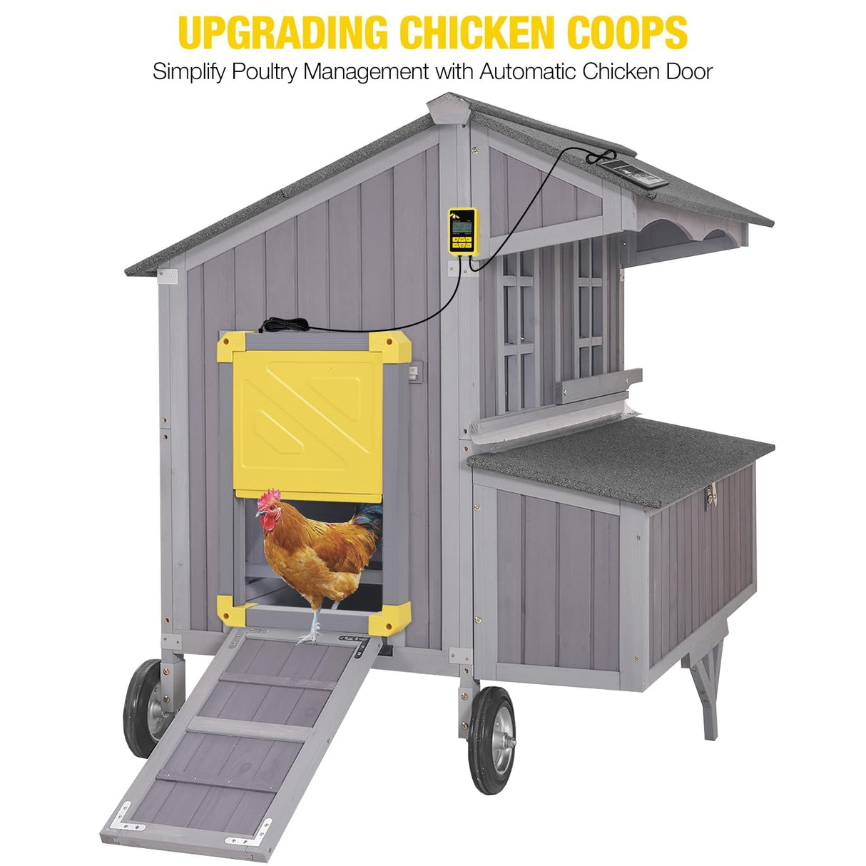 Aivituvin Chicken Coop Upgrade Durable Outdoor Chicken House with Large Wheels, Nesting Box, Leakproof Pull-on Tray and UV-Resistant Roof Panel (Grey) Aivituvin