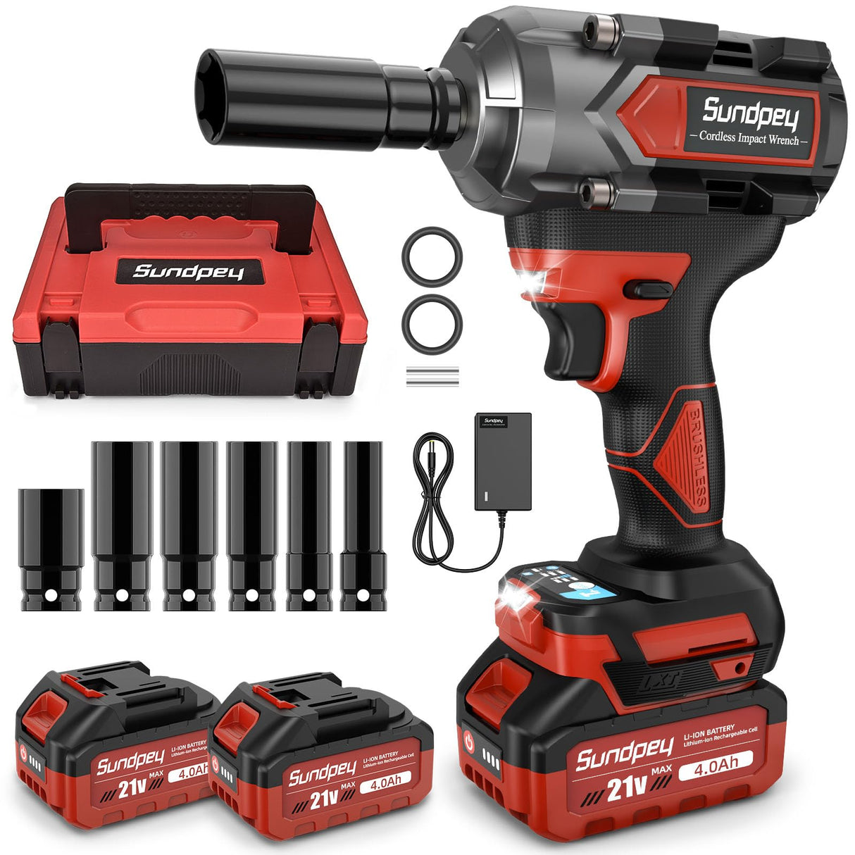 Sundpey Cordless Impact Wrench 600Ft-lbs(800Nm) - 21V 1/2" Brushless Driver With 2 * 4.0Ah Batteries - 2600RPM Gun for Lug Nuts With 6 Sockets, Fast Charger & Tool Case Sundpey