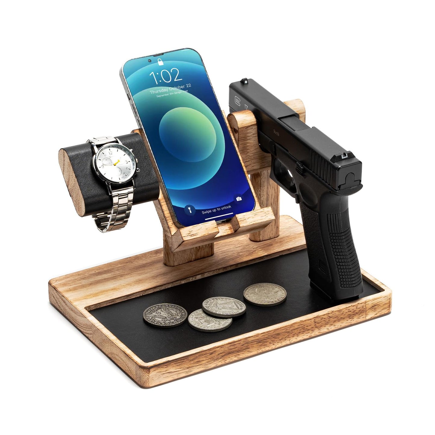 DGWJSU Pistol Rack for Gun Safe, Wood Handgun Rack Holder for Gun, Phone Docking Station as Nightstand Organizer as Gifts for Men Boyfriend Husband Father in Anniversary Birthday Christmas - WoodArtSupply