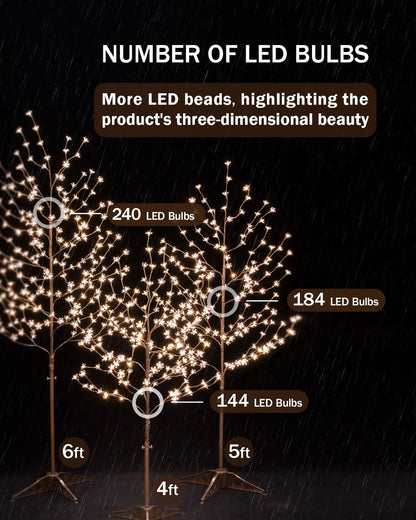 Tybeeu Lighted Cherry Blossom Tree Set 4ft, 5ft and 6ft with 144/184/240 Warm White LED Lights for Holiday Decor - Dimmable, UL Certified, Waterproof - Ideal for Indoor and Outdoor Decoration