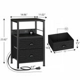 Furologee Nightstand Set of 2, Black Oak, with Charging Station and USB Ports, Side Tables with 2 Fabric Drawers, Bedside Tables with Storage Shelf & Hooks, for Living Room/Bedroom Furologee