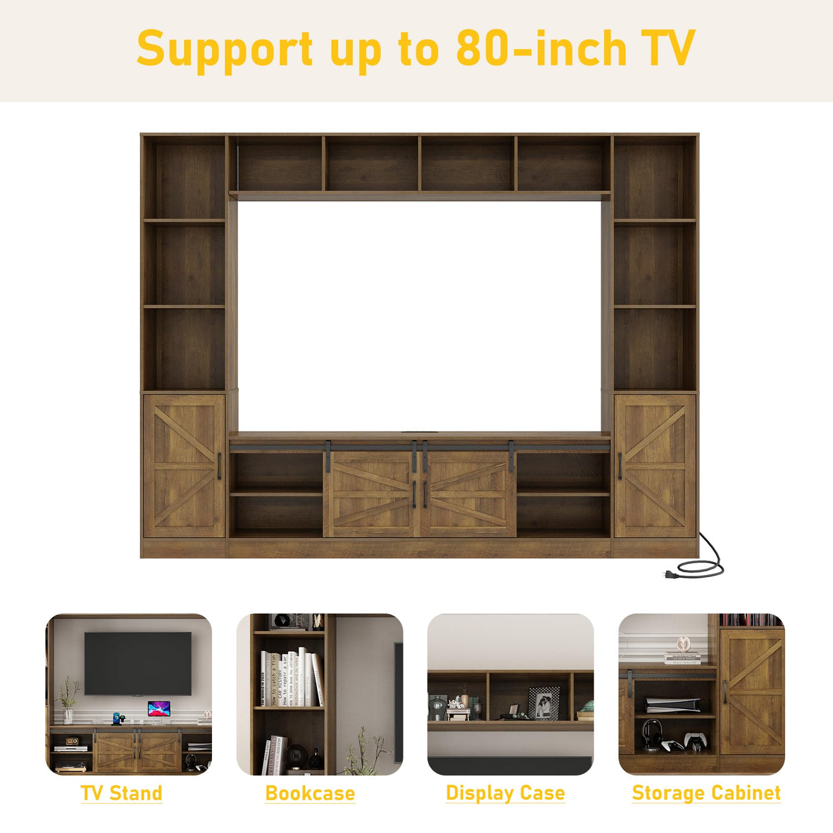 chartustriable 103" Wall Unit TV Stand with Storage for TVs up to 80" Large Farmhouse Wall Unit Entertainment Center w/Sliding Barn Door Cabinets and Power Outlet for Living Room, Rustic Brown chartustriable