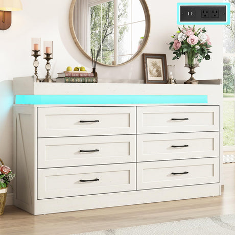 Hlivelood 59" Large Farmhouse 6 Drawers Dresser for Bedroom,Wide Wood Rustic 6 Chests of Drawers for Closet,with LED Light and Power Outlets,Tall Storage Dresser Organizer for Bedroom(White) Hlivelood