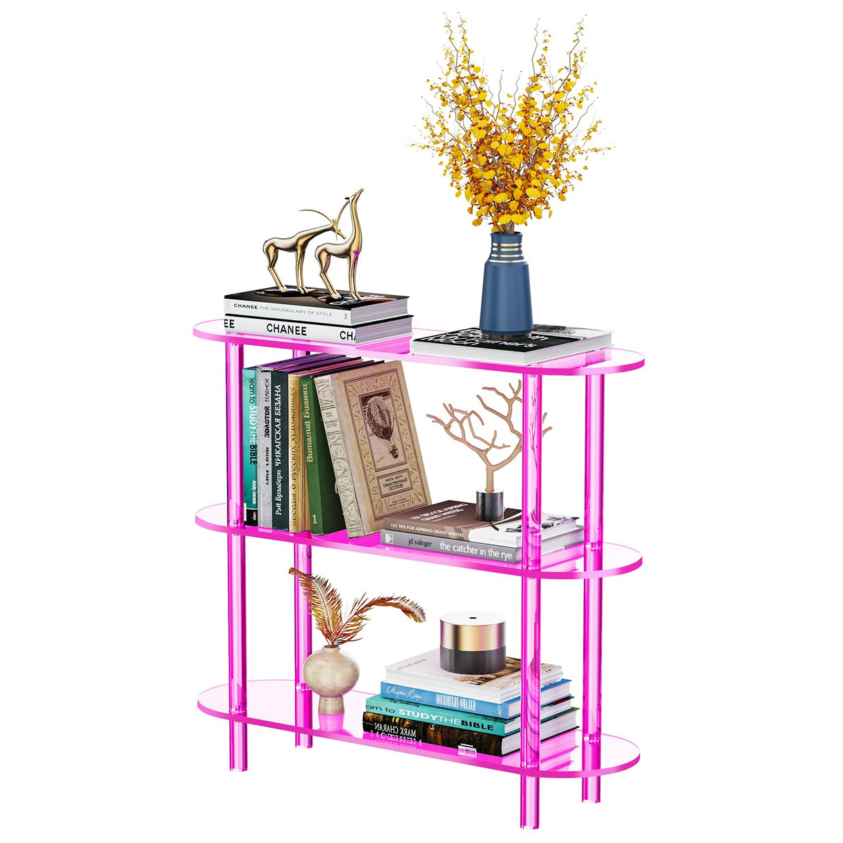 solaround Clear Bookshelf, Acrylic Bookcase with Open Book Shelf Console Table for Entryway Office (3 Tier Pink) solaround