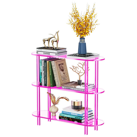 solaround Clear Bookshelf, Acrylic Bookcase with Open Book Shelf Console Table for Entryway Office (3 Tier Pink) solaround