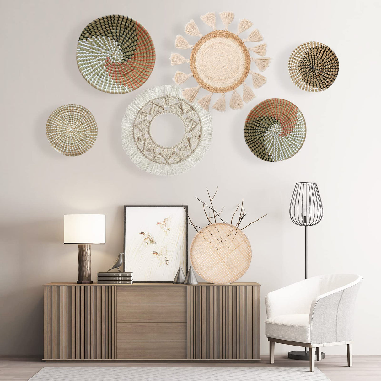 LOCS MICRAI Boho Wall Basket Decor Set of 3 - Flat Woven Basket Wall Hanging Decor,Round Tassels White Macrame Tapestry Wall Decor Art,Handmade Rattan Wicker Seagrass Home Wall Baskets Decor LOCS MICRAI