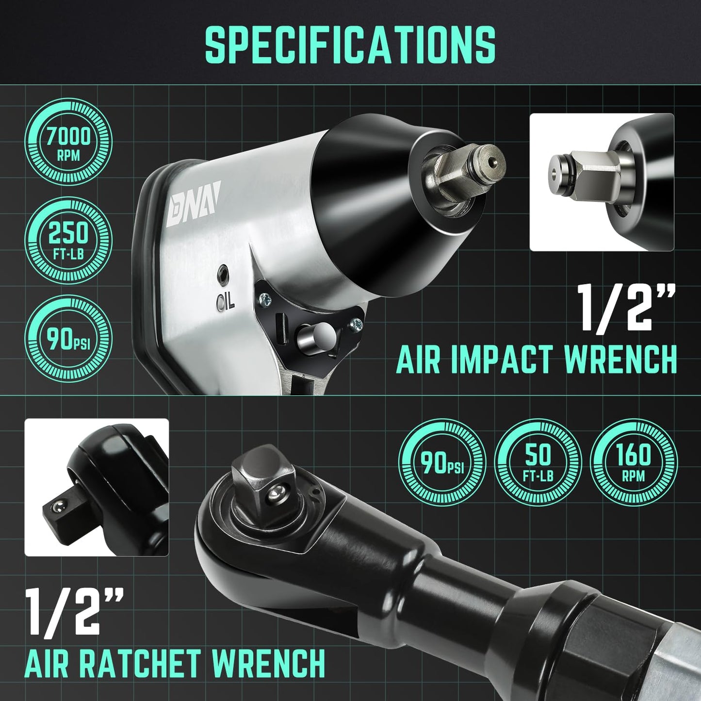 DNA MOTORING 17Pc Air Tool Kit 1/2-Inch Pneumatic Air Impact & Ratchet Wrench Kit Torque Wrench for Repairs, w/Case, Sliver/Black, TOOLS-00530 - WoodArtSupply