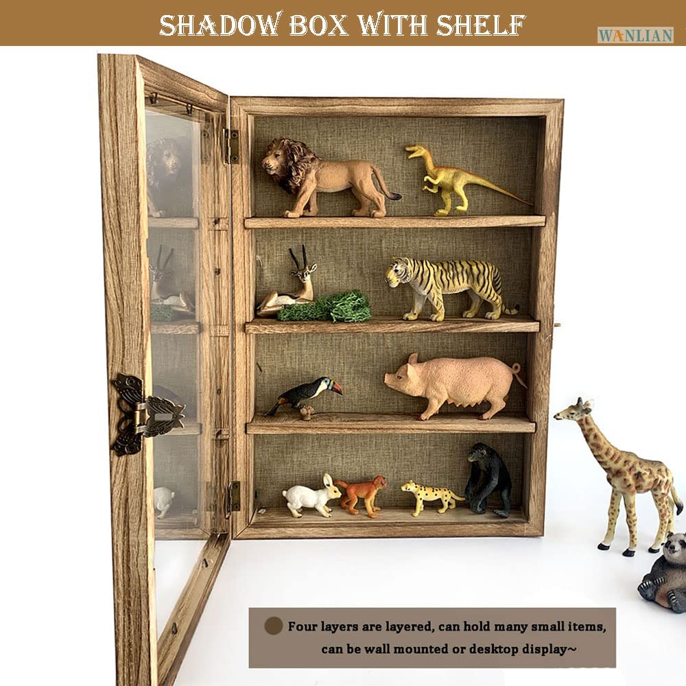 WANLIAN Large Shadow Box with Shelves, 11x16 Wooden Shadow Box Display Cabinet with Acrylic Window, 3 Removable Shelves and Linen Back, for Displaying Photo Souvenir Collection(Carbonized) WANLIAN