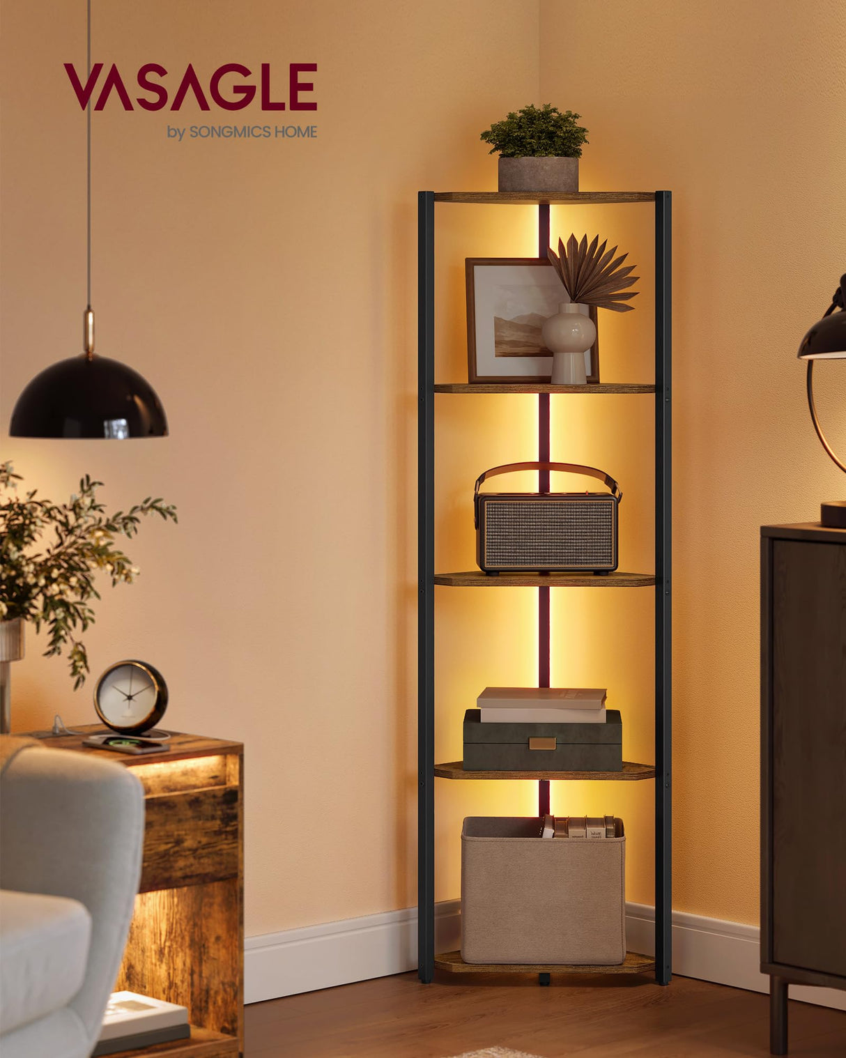 VASAGLE Corner Shelf Stand with LED Lights, 5-Tier Corner Bookshelf, Storage Shelf with Steel Frame, 9.8 x 18.9 x 57.7 Inches, for Living Room, Bedroom, Study, Rustic Brown ULBC590K01 VASAGLE