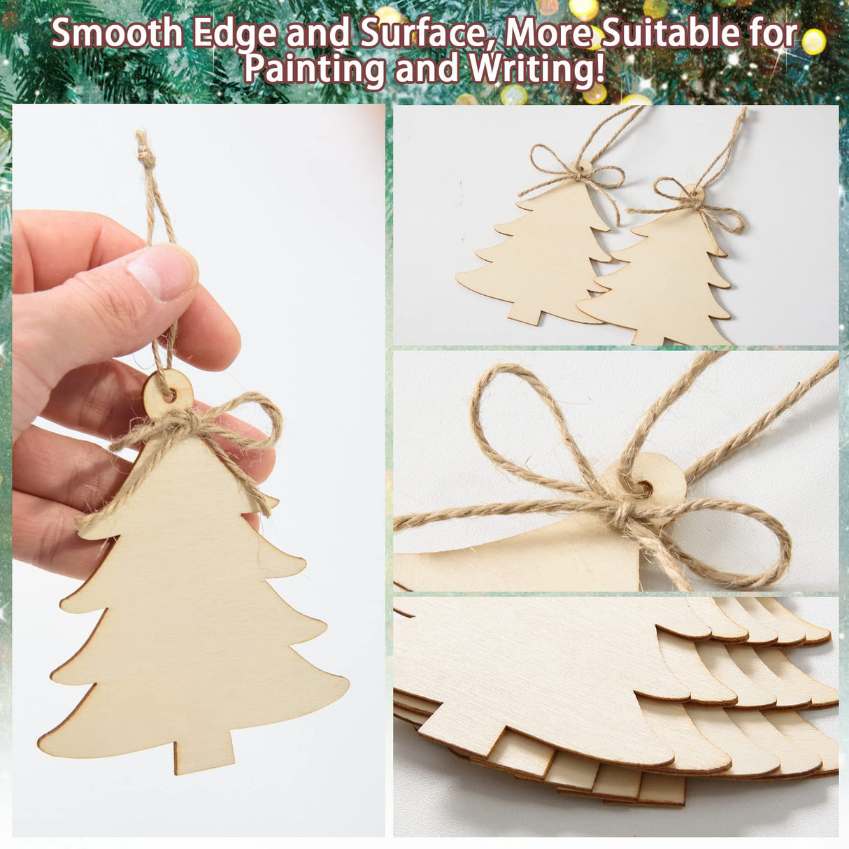 72 Pieces Wooden Christmas Tree Cutouts Crafts Embellishments Unfinished Christmas Tree Hanging Ornaments Blank Christmas Tree Wood Cutouts Slice with Ropes for DIY Crafts Christmas Xmas Decoration AWIZOM
