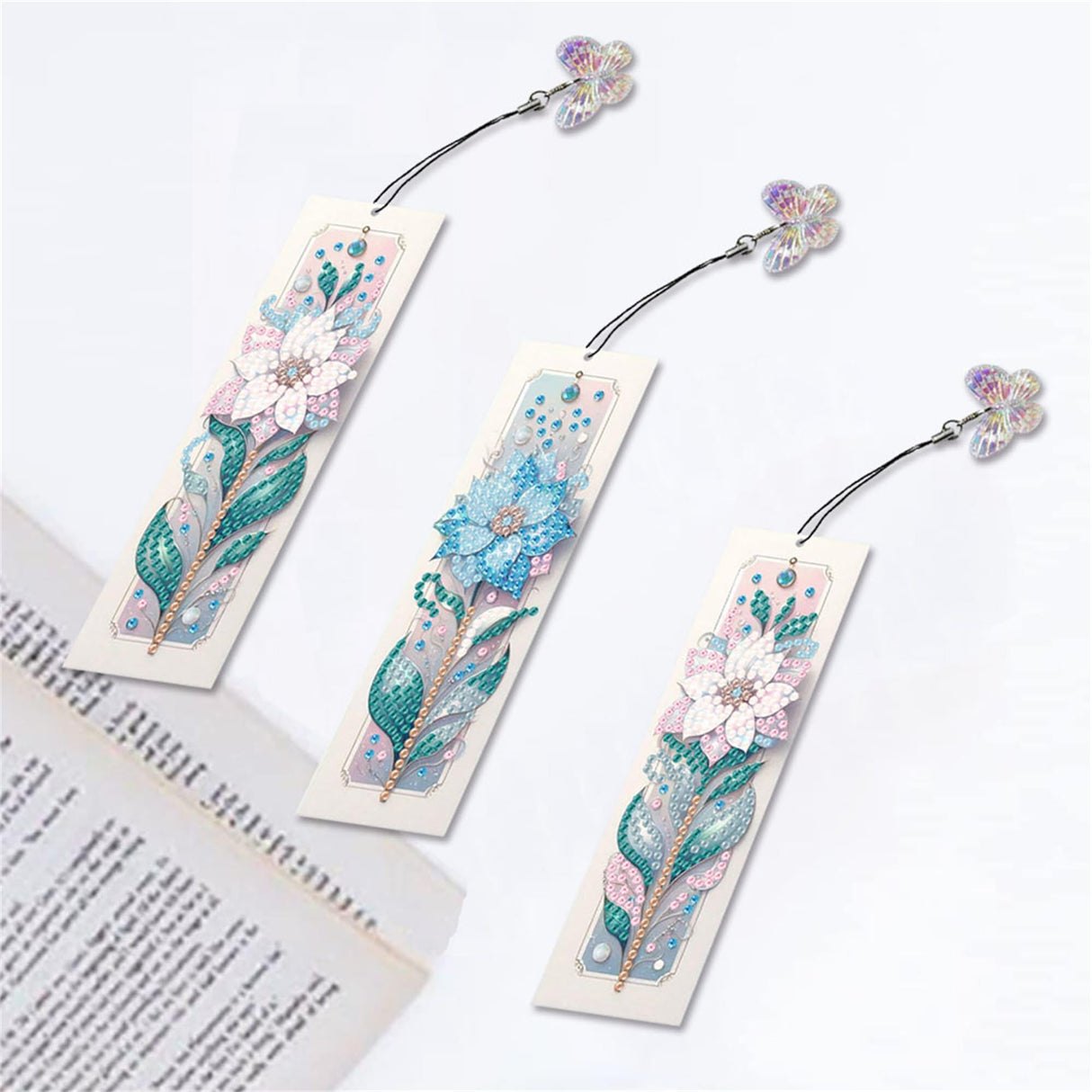 3pcs Diamond Art Bookmarks,Diamond Painting Bookmark Kits for Adult,DIY Gem Art Small Crafts with Rhinestone Tassel,Paint by Diamonds for Graduation Birthday Reader Gifts. (Flower-1) bestact