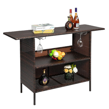 Outvita Patio Rattan Bar Table, Wicker Counter bar Table with 2 Layer Shelves and Wine Racks for Poolside, Backyard, Garden, Porches Brown Outvita