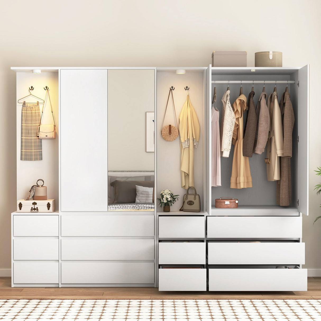 UZUGUL 72'' Armoire Wardrobe Closet with Mirror and 6 Drawers,Bedroom Armoire Wardrobe Cabinet with Hanging Rod and Light,Wooden Bedroom Closet with 3 Storage Shelf (White) UZUGUL