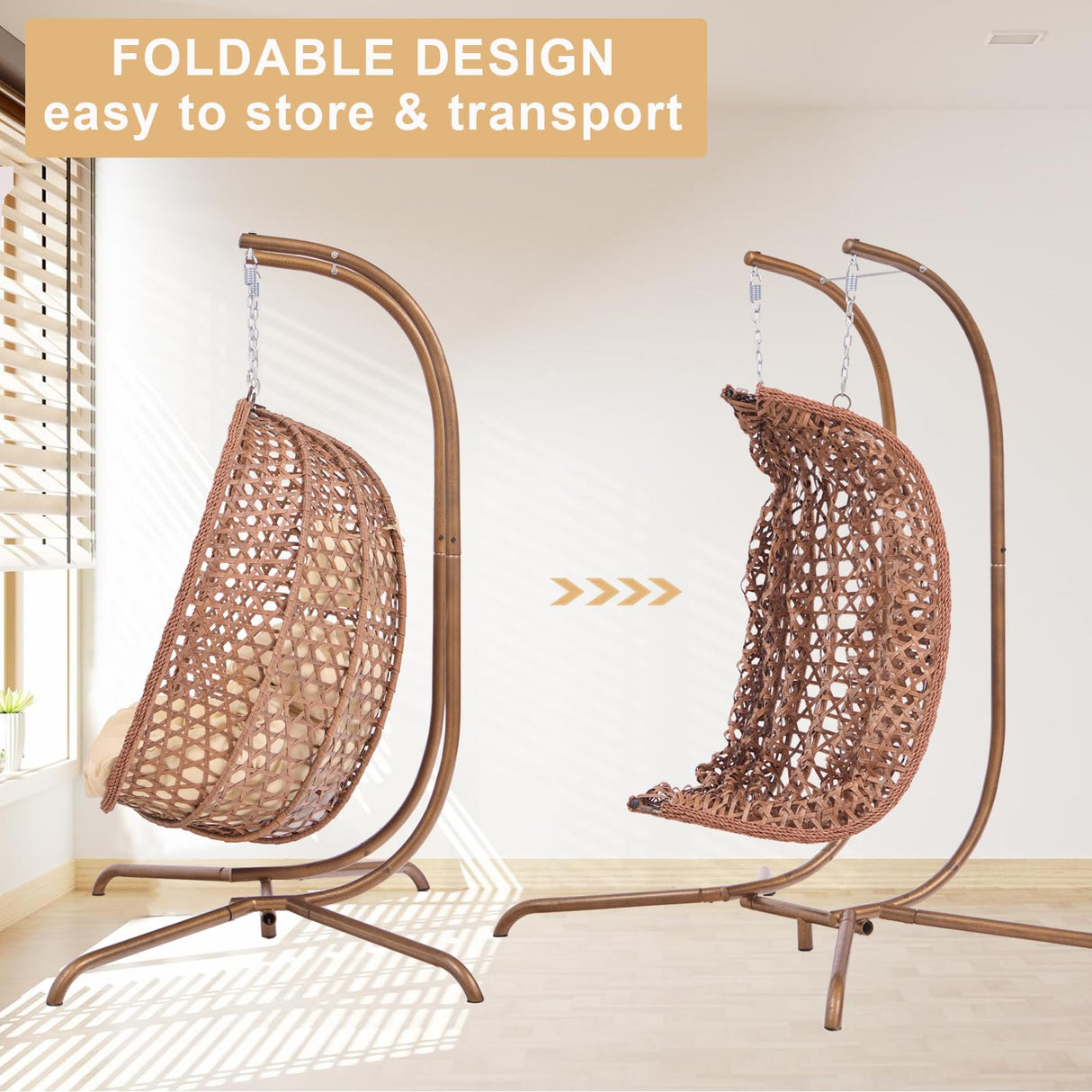 Double Swing Egg Chair with Stand, Hexagon Rattan Wicker Swing Chair Outdoor, Large 2 Person Patio Hanging Chair with Foldable Loveseat Removable Cushions (Beige) WALTSOM