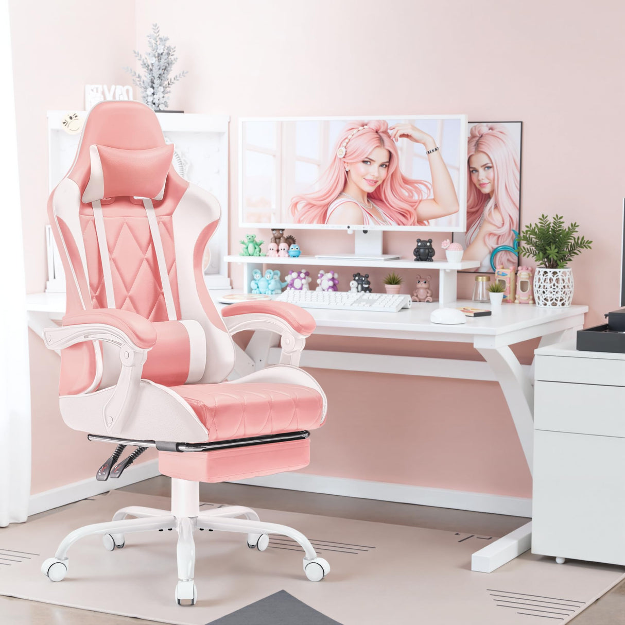 Homall Gaming Chair, Computer Chair with Footrest and Massage Lumbar Support, Ergonomic High Back Video Game Chair with Swivel Seat and Headrest (Pink) Homall