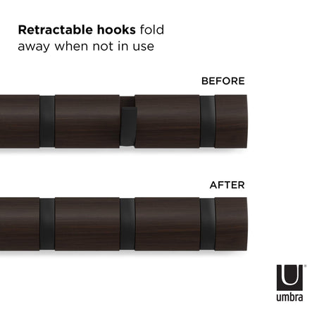 Umbra Flip Wall-Mounted Coat Rack Rail Hook for Hats, Jackets, Bags and More – Modern, Space-Saving Storage Organizer for Entryway, Mudroom, Closet, Bathroom, Bedroom, Kids Room, or Nursery, 5 Hooks, Walnut/Black Umbra