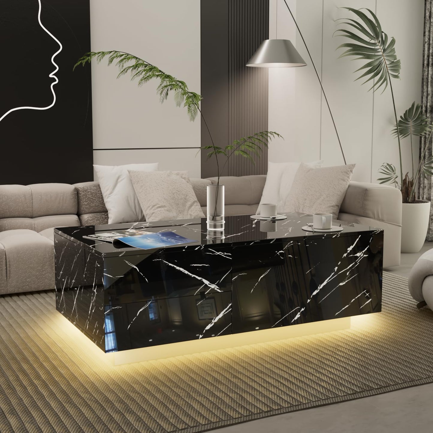 LED Coffee Table with Storage, Extendable Sliding Top LED Lights, Black Faux Marble High Gloss Modern Coffee Center Table with Hidden Compartment for Home Living Room, Office