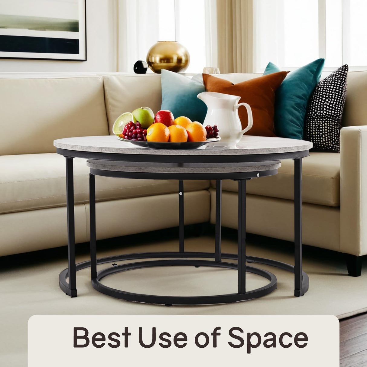 Otterease Nesting Tables Set of 2, 31.5" Round Coffee Table, Small Nesting Coffee Table with Adjustable Non-Slip Fee, Wood Grain Top Nesting Tables for Living Room, Bedroom (Wood Grain Grey) Otterease