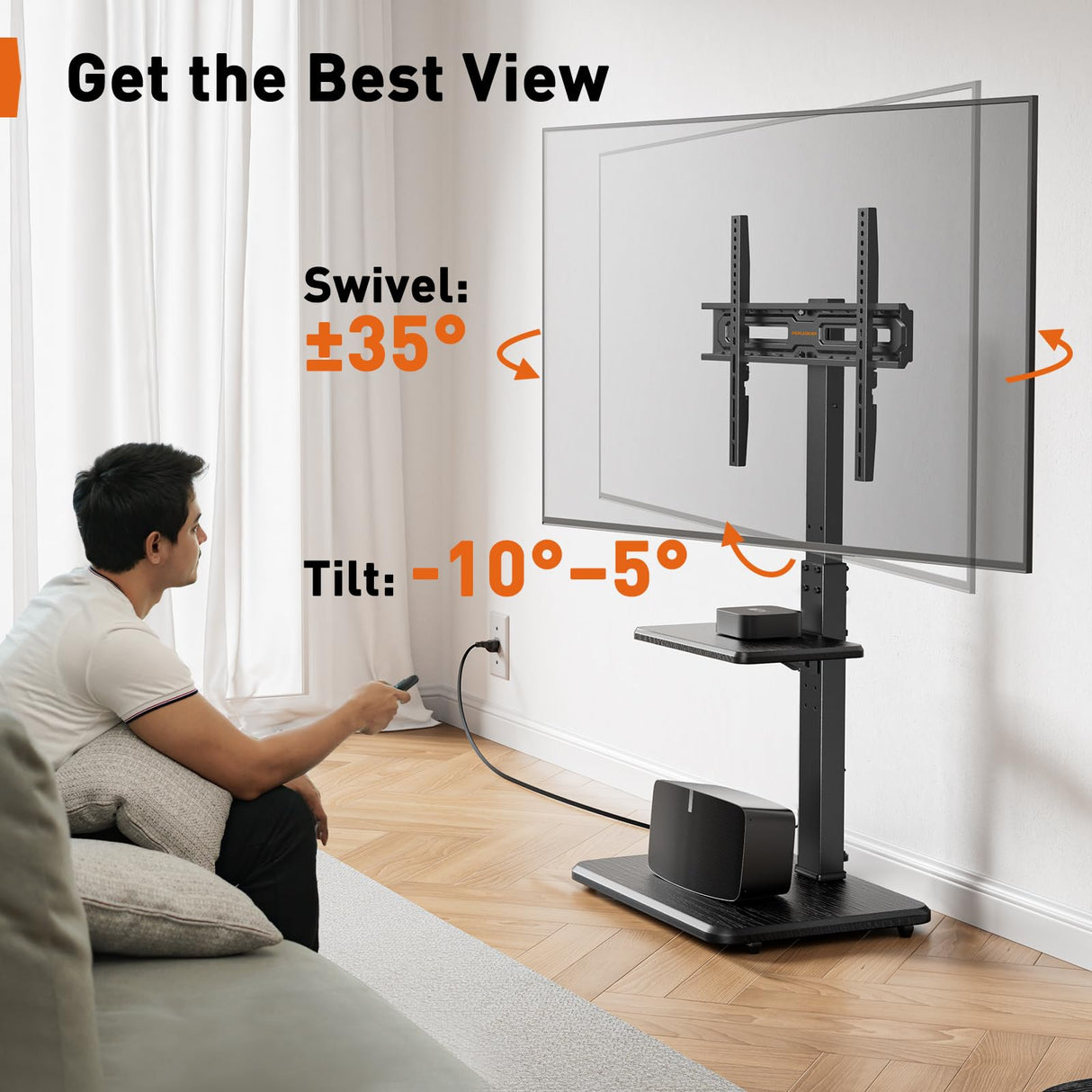 Perlegear Floor TV Stand with Power Outlet, Universal TV Stand for 32-75 inch TVs up to 110 lbs, Height Adjustable Standing TV Mount, Tall TV Mount with Wood Base, Max VESA 600x400mm, PGFS06 Perlegear