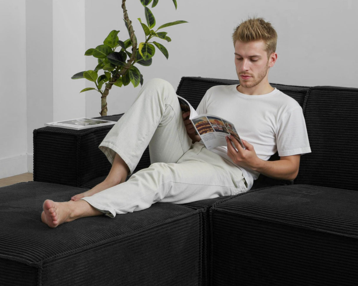 Cozy Castle 71" Loveseat Sofa, L Shaped Comfy Corduroy Boneless Couch with Deep Seat and Ottoman Chaise Cloud Sofa Upholstered Couches for Living Room Bedroom No Assembly Required (Black) Cozy Castle