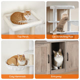 HOOBRO Cat Tree with 47.2" Dual Litter Box Enclosure, 63.4" Tall Multi-Functional Tower for Cats, Hidden Litter Box Enclosure Furniture, with Feeding Bowls, Scratching Posts, Hammocks, Greige BG23MZ03 HOOBRO