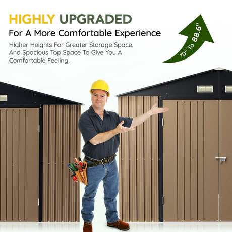 Breezz Outdoor Storage Shed 10 x 12ft. Utility Tool Shed Metal Storage Garden Shed with Lockable Doors, Windows & Metal Frame Floor for Patio Storage,Brown BreezZ