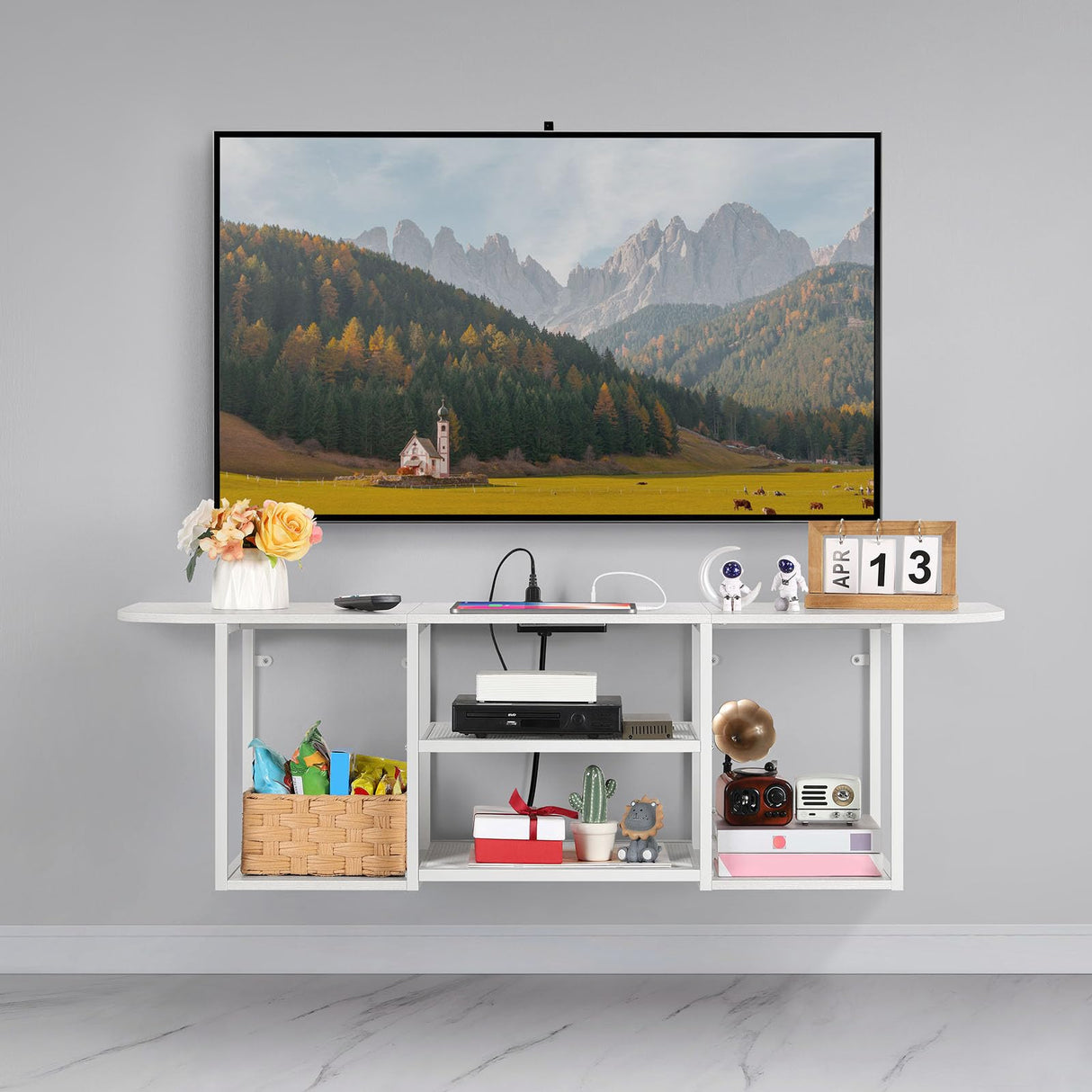 BTY Floating TV Stand with Power Outlet Wall Mounted Entertainment Center for Under TV Storage, White TV Console for 50 Inch TV, for Living Room, Bedroom BTY