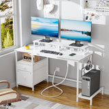 Furologee White Computer Desk with Drawer and Power Outlets, 47" Office Desk with 2 Monitor Stands and Fabric File Cabinet, Writing Gaming Table with Shelves and 2 Hooks for Home Office Furologee