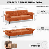 COPIAE 89” Futon Sofa Bed, Comfy Futon Couch Bed with 2 Square Pillows, Convertible Sleeper Sofa with Adjustable Backrest&Armrests, Modern Loveseat Sleeper for Living Room,Velvet Fabric,Burnt Orange COPIAE