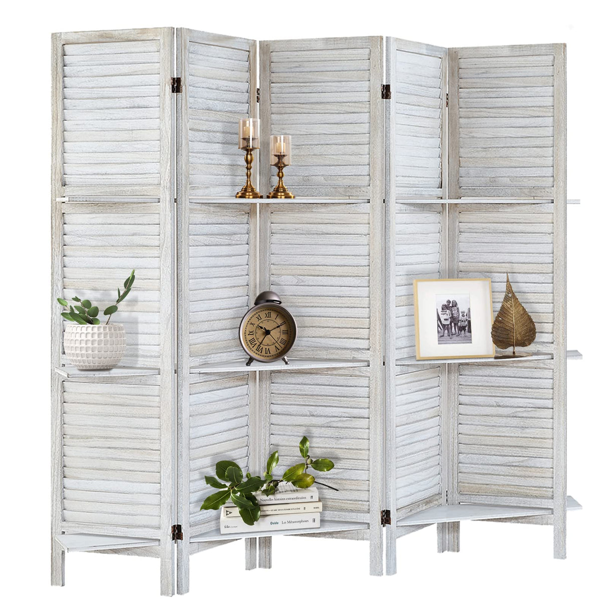 AMBITION LAND Room Divider with Shelves, Privacy Screen, Room Dividers and Folding Privacy Screens, 5 Panel Wood Temporary Wall Partition Separation Separator, Coconut AMBITION LAND