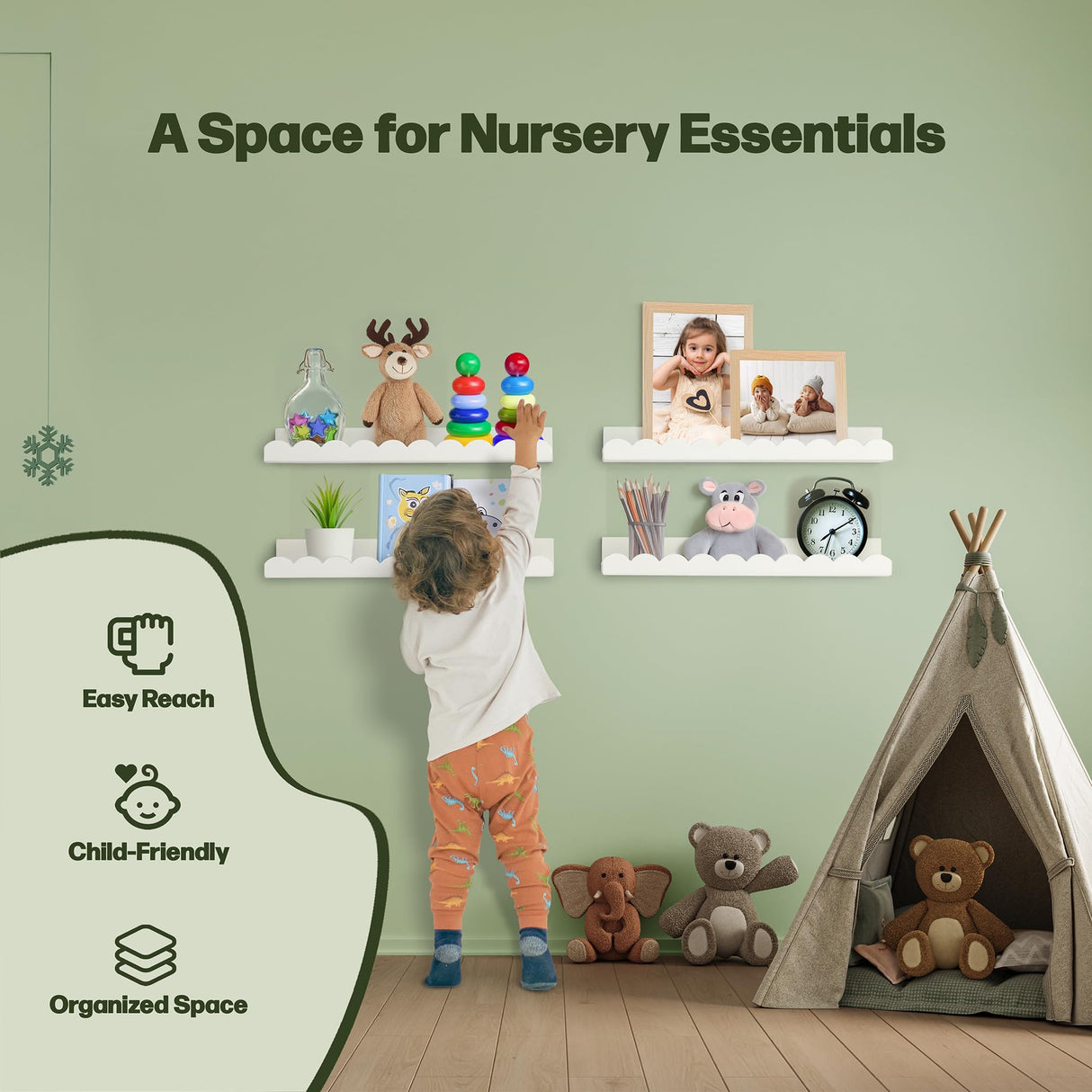 Green Goods Supply Scalloped Shelves - Set of 4 Pre-Assembled 15.6inch White Floating Nursery Book Shelves, Scalloped Book Shelf - Kids Wall Decor, Nursery Decor, Floating Shelves for Wall Green Goods Supply