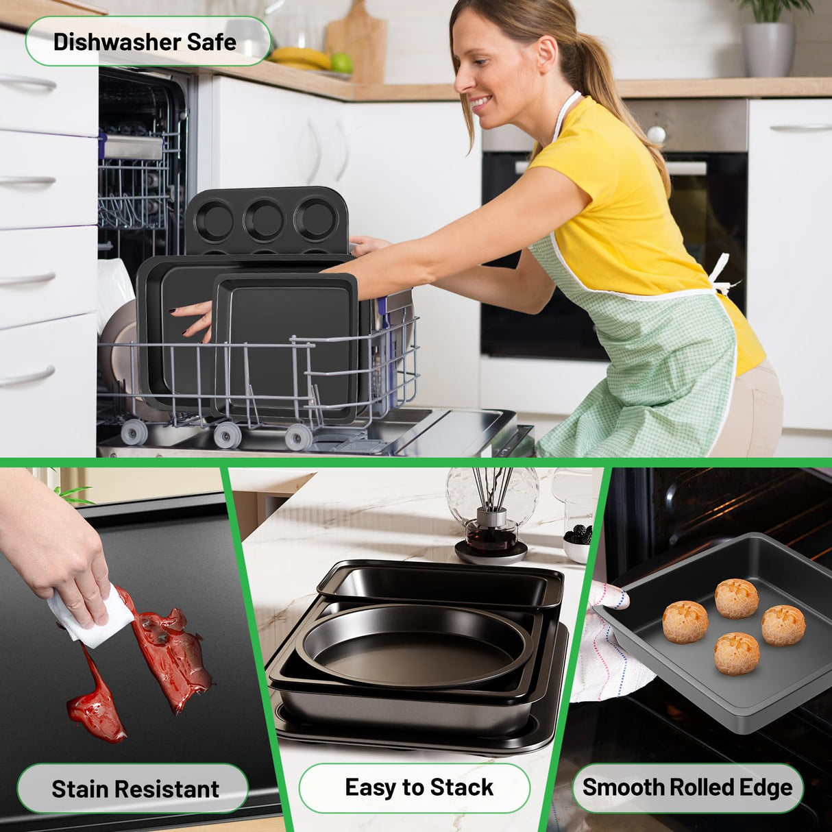 Zapstarz 5 Pieces Baking Pans Set, Nonstick Baking Sheet Tray Oven Pans Bakeware Set, Baking Supplies with Round/Square Cake Pan, Muffin Pan, Loaf Pan, Roast Pan, Stackable Baking Sets for Cooking Zapstarz