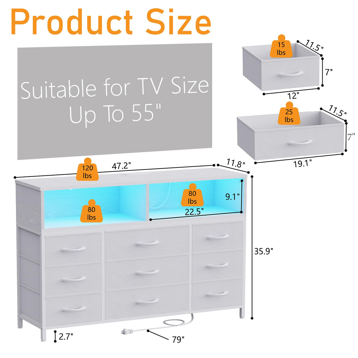eiskah White Dresser for Bedroom, 9 Drawers Led Dresser TV Stand with Power Outlets and LED Lights, Long Fabric Dressers Wide Chest of Drawers with Large Organizer for Living Room, Entryway, Hallway eiskah