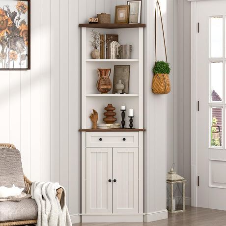 Farmhouse Corner Cabinet with Adjustable Shelves, Tall Corner Bathroom Storage Cabinet with Small Drawer for Bathroom, Kitchen, Living Room, Rustic Style Cabinet, White Halitaa