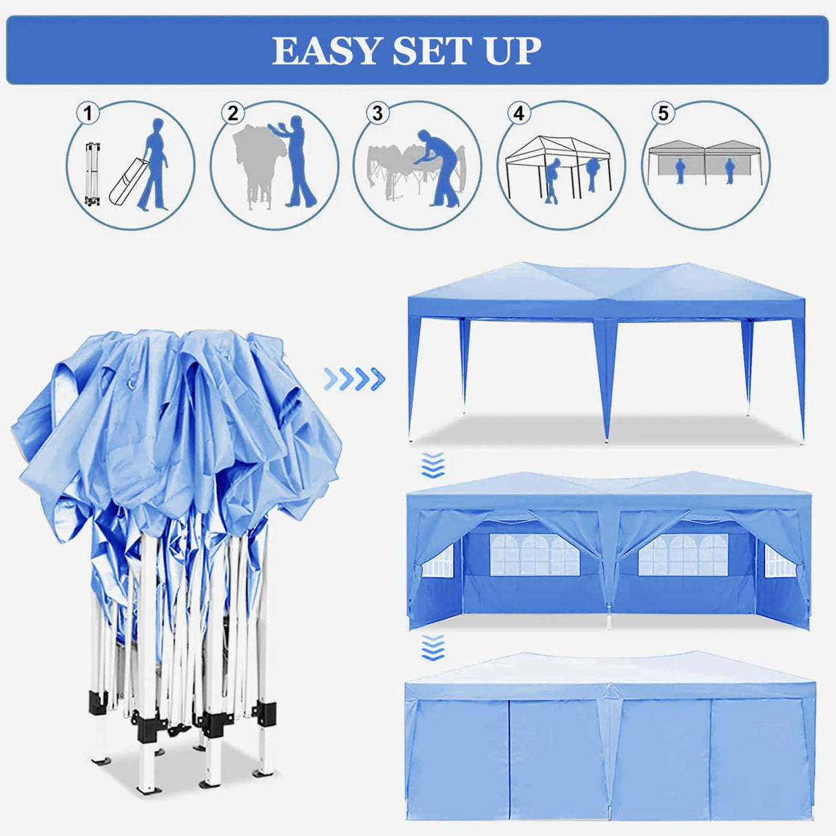 10x20 Blue Pop Up Canopy Tent with 6 Removable Sidewalls Commercial Heavy Duty Canopy UPF 50+ All Weather Waterproof Outdoor Canopy Wedding Tents for Parties Gazebo with Carry Bag and 6 Sandbags susici