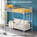 VINGLI Loft Bed Twin for Kids Loft Bunk Bed Frame with Stairs/Flat Ladder Rung,Metal Single Loft for Adults, No Box Spring Required, White VINGLI