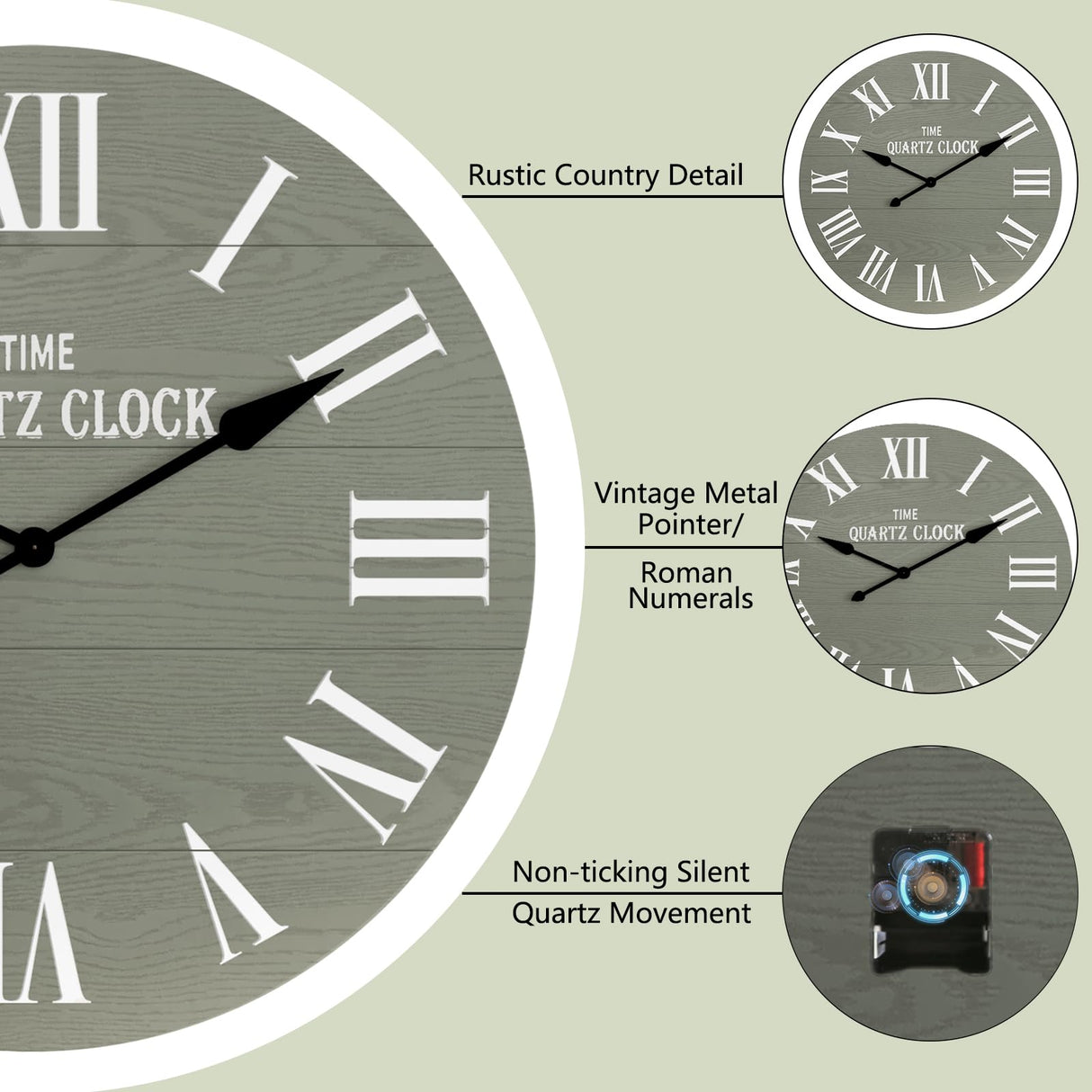 ARTPOWER Large Farmhouse Wall Clock, 35.5” Shiplap Wall Clock with Roman Numeral, Nearly Non-Ticking, Round Wall Clocks for Living Room Decor, Office, Bedroom, Entrance, Sage Green ARTPOWER