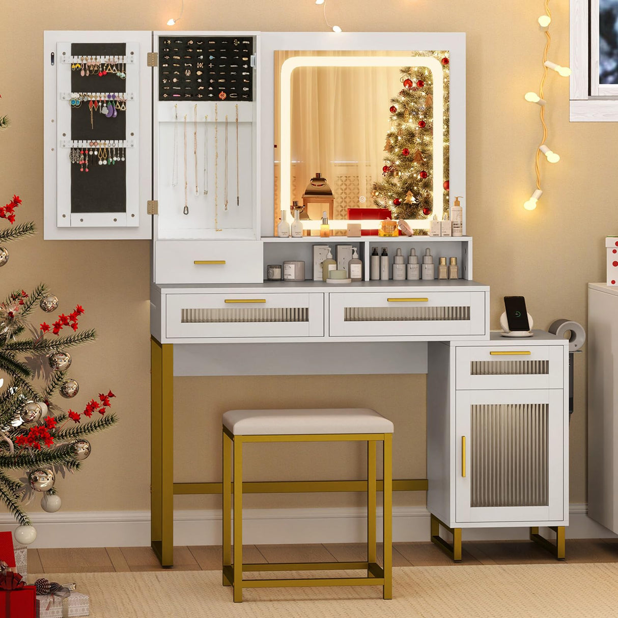 CHARMAID Vanity Desk with Mirror and Lights, White Makeup Vanity Desk with Jewelry Organizer, 4 Drawers, Side Cabinet, Charging Station, 44" Modern Vanity Dressing Table with Stool for Bedroom CHARMAID