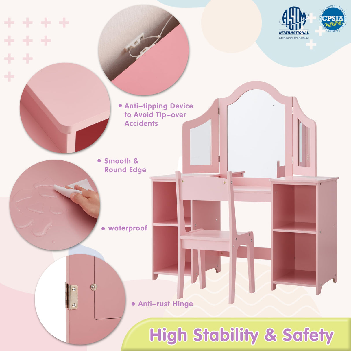 Kovhzcu 2 in 1 Kids Vanity Set, Princess Makeup Vanity Storage Cabinet with Detachable Top, Girls Vanity Set with Tri-fold Mirror, Kids Vanity Set with Mirror Age 3-9 (Pink with Chair) Kovhzcu